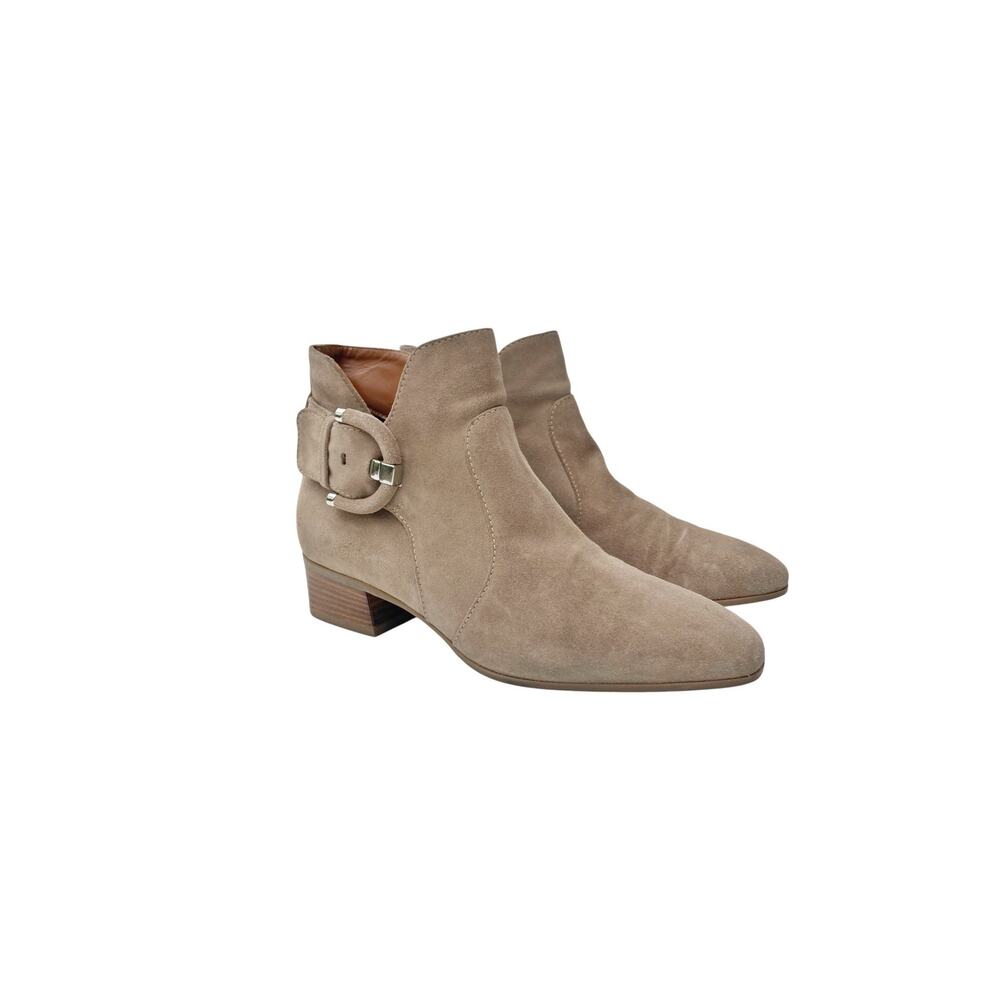Aquatalia Beige Suede Ankle Boots | Almond Toe Block Heel Summer Buckle Bootie